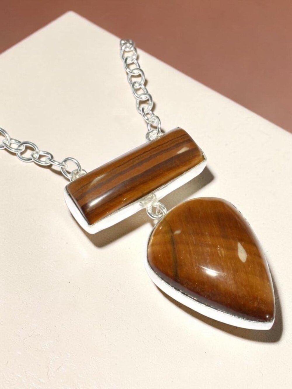 925 Silver Plated Tiger Eye Handmade Gemstone Necklace Size 18"